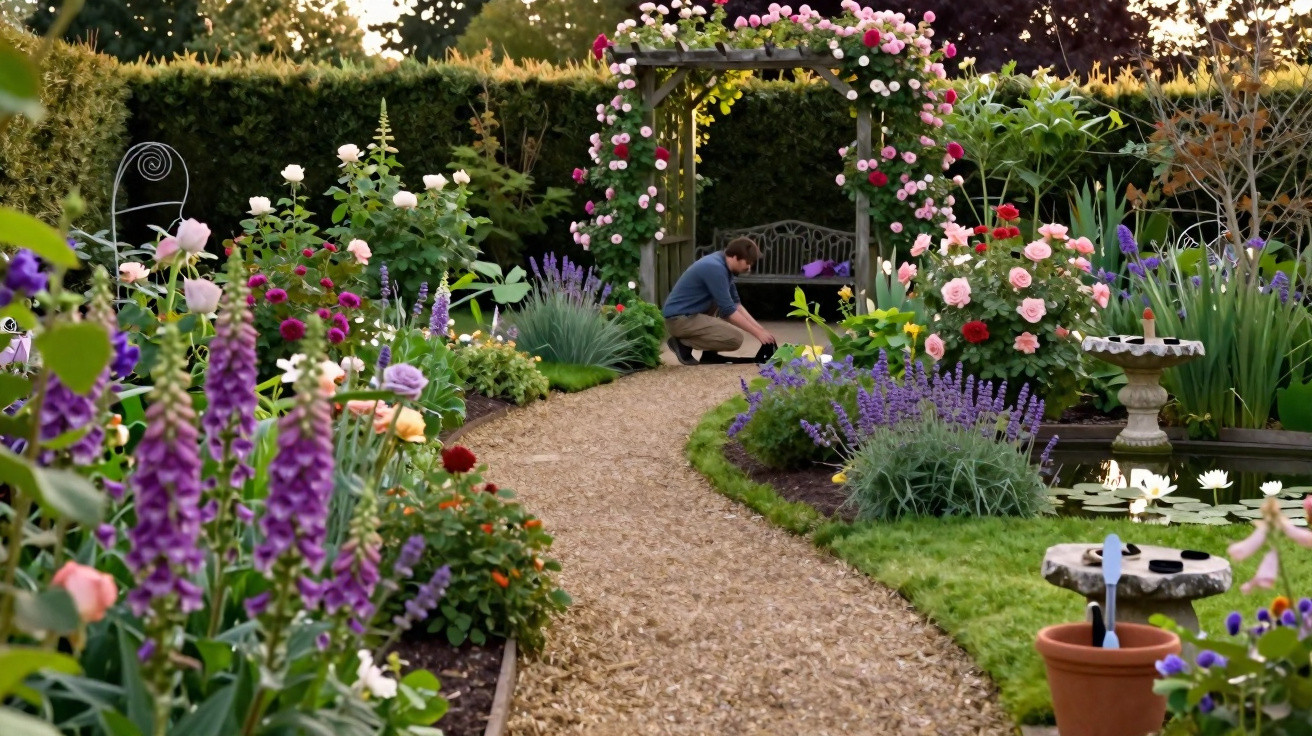 Homem a cuidar de um elegante jardim colorido com caminho de cascalho e flores variadas.