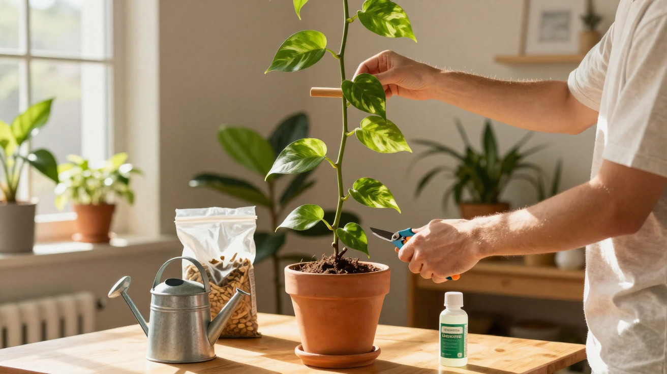 Pessoa a cuidar de uma planta em vaso de barro, com regador, tesoura e fertilizante numa mesa junto à janela.