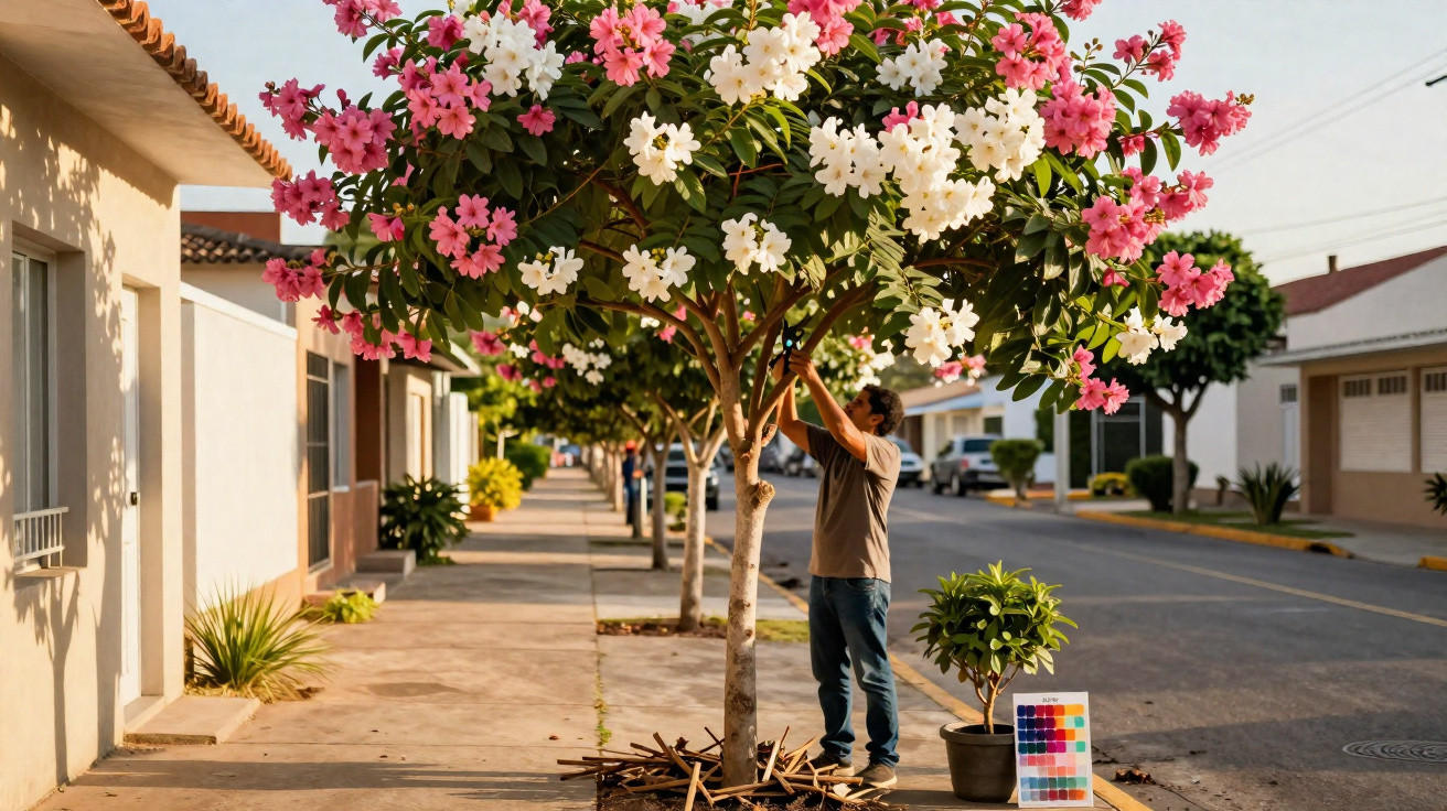 Homem a cuidar de árvore florida com flores rosas e brancas numa rua residencial ao fim da tarde.