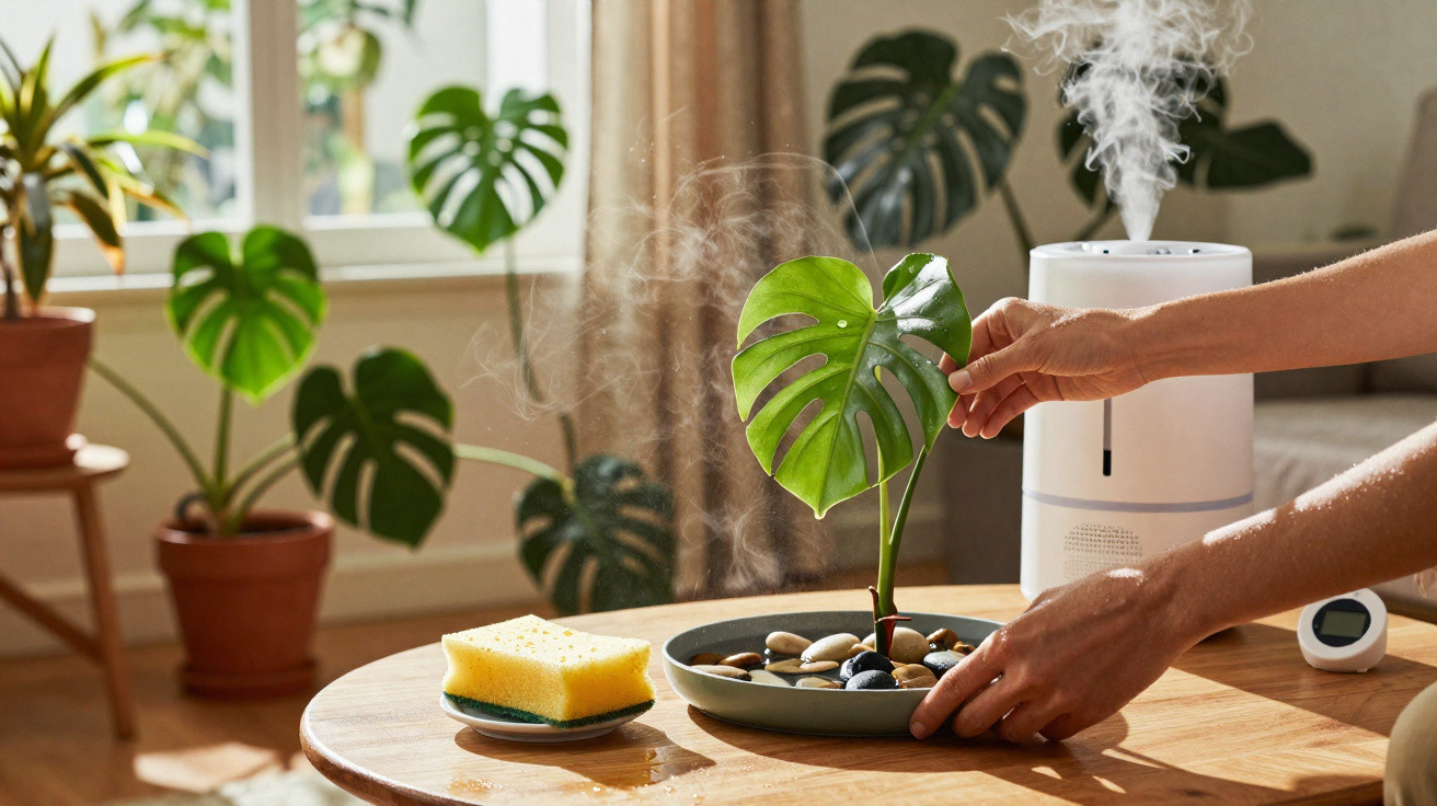 Mãos a cuidar de planta Monstera com vaporizador de ambiente e esponja numa mesa de madeira.