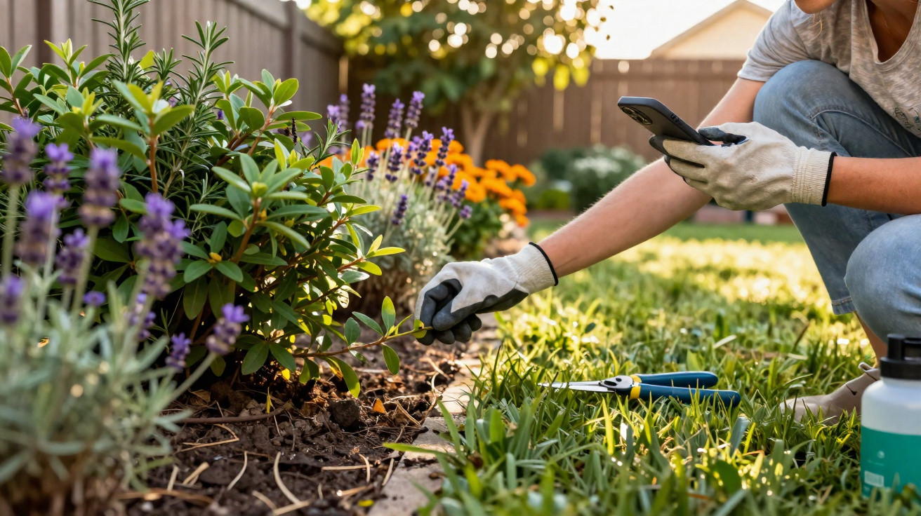 Pessoa a cuidar de plantas num jardim, usando luvas e a verificar algo num telemóvel.