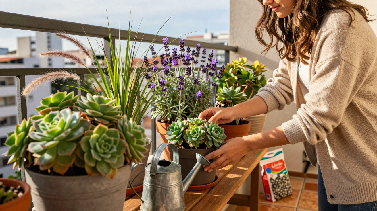 Mulher a cuidar de suculentas num terraço com várias plantas em vasos sob luz natural.