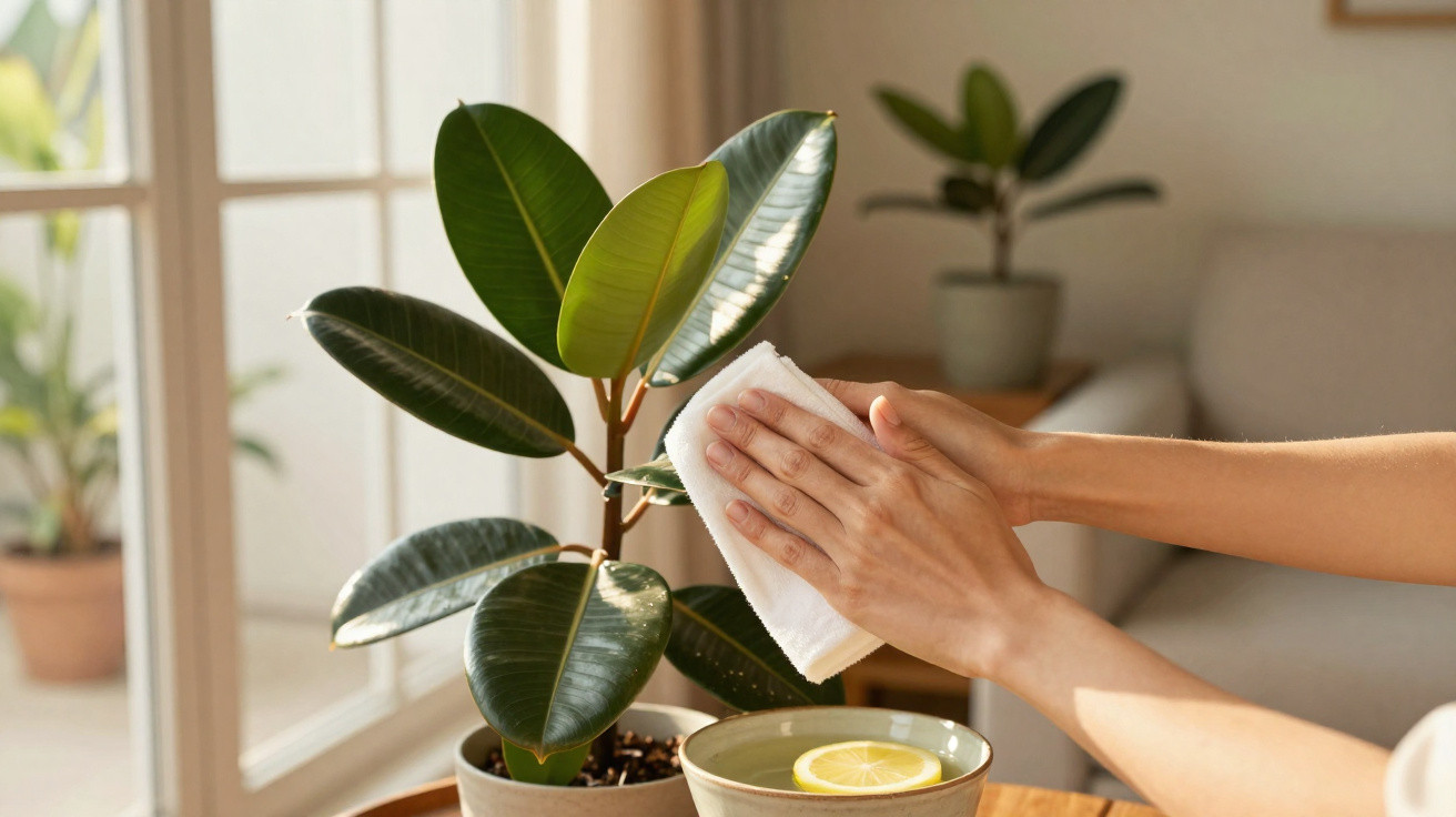 Mãos a limpar folhas de planta com pano branco num ambiente interior iluminado de forma natural.
