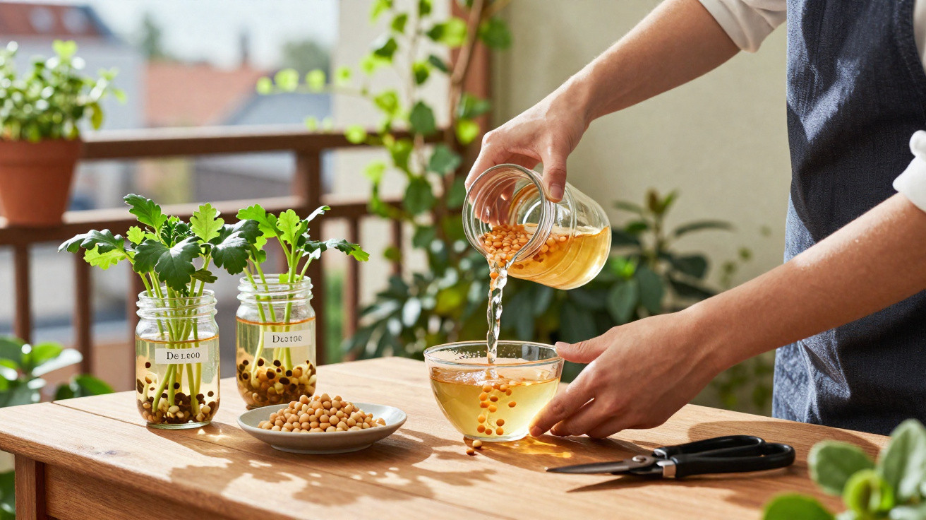 Pessoa a regar plantas em frascos com água e sementes numa varanda com luz natural.
