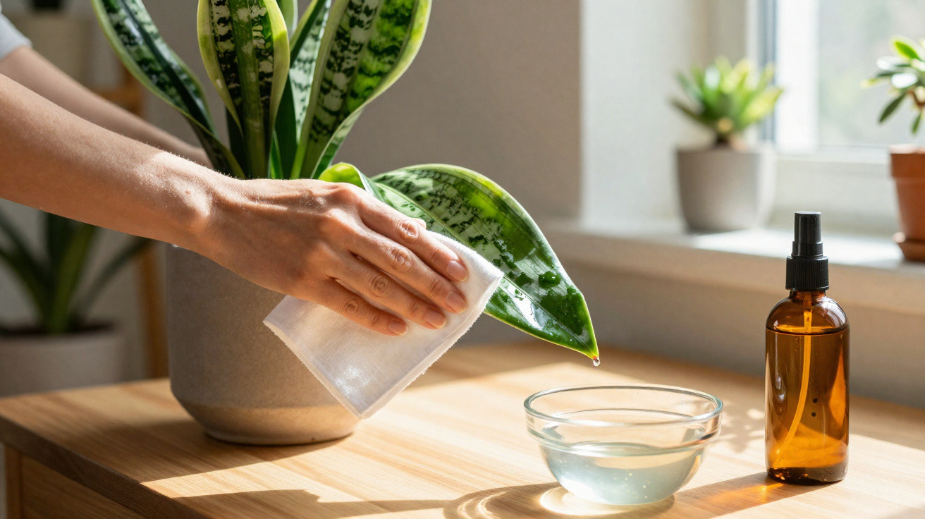 Mão a limpar folha de planta suculenta com pano branco, junto a recipiente com água e frasco de spray.