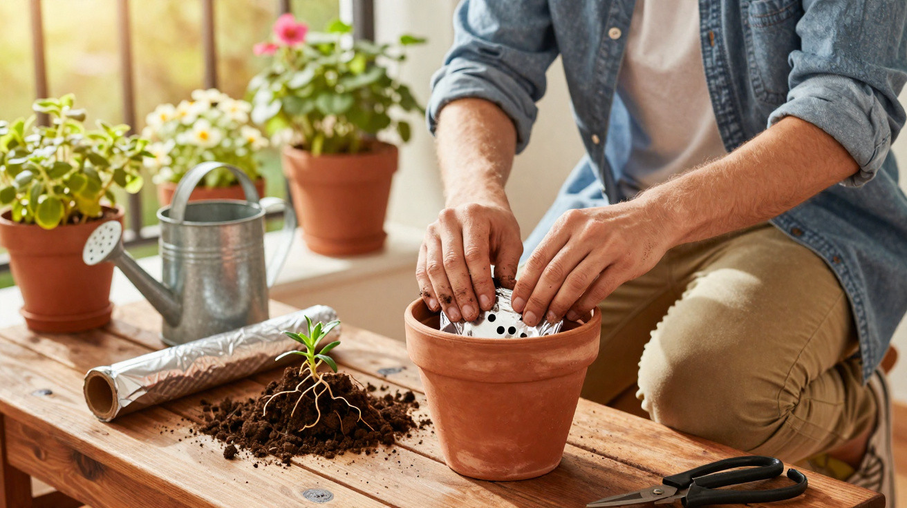 Pessoa a colocar saco perfurado num vaso de barro para plantar numa mesa de madeira com terra e ferramentas.