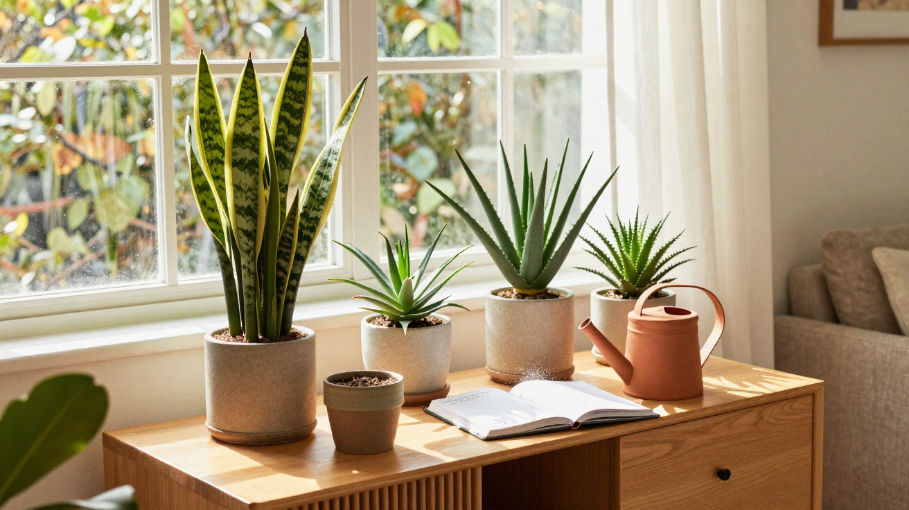 Cinco plantas em vasos, regador e livro aberto numa consola de madeira junto a uma janela iluminada.