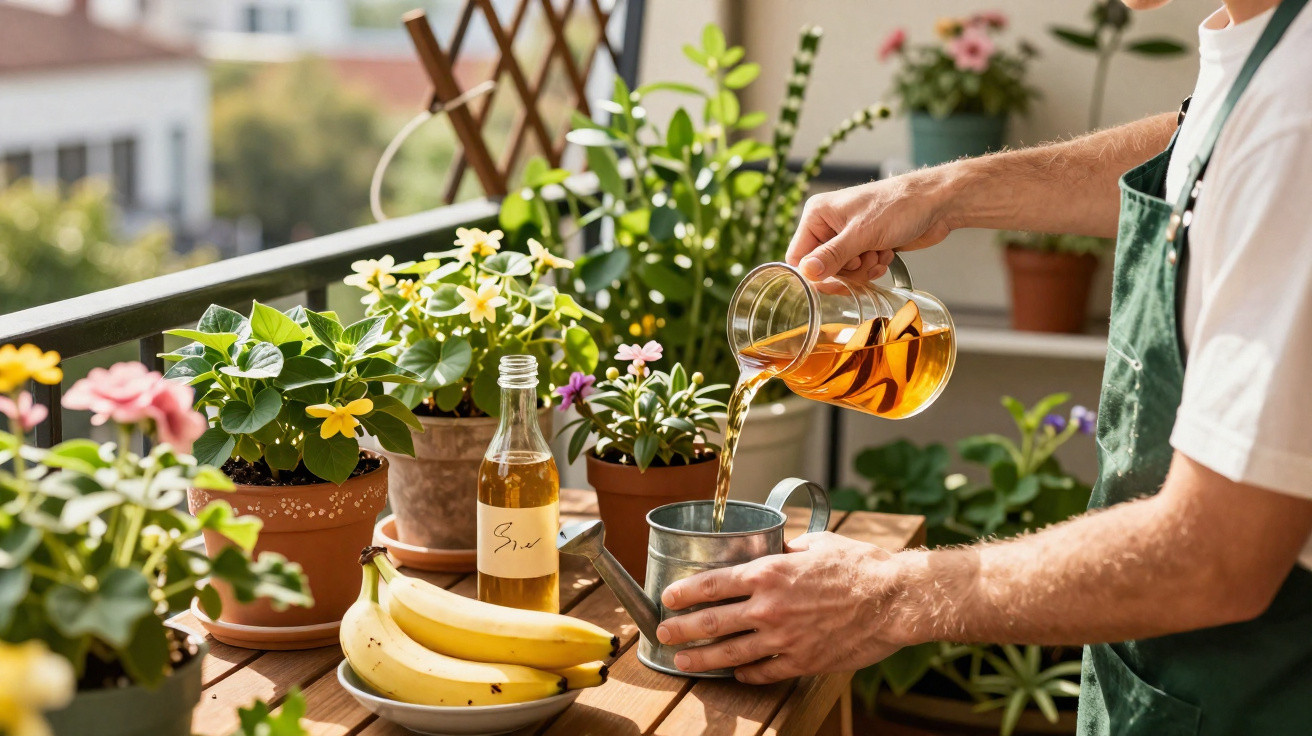 Pessoa a regar plantas com jarro numa varanda com várias flores e frutas numa mesa de madeira.