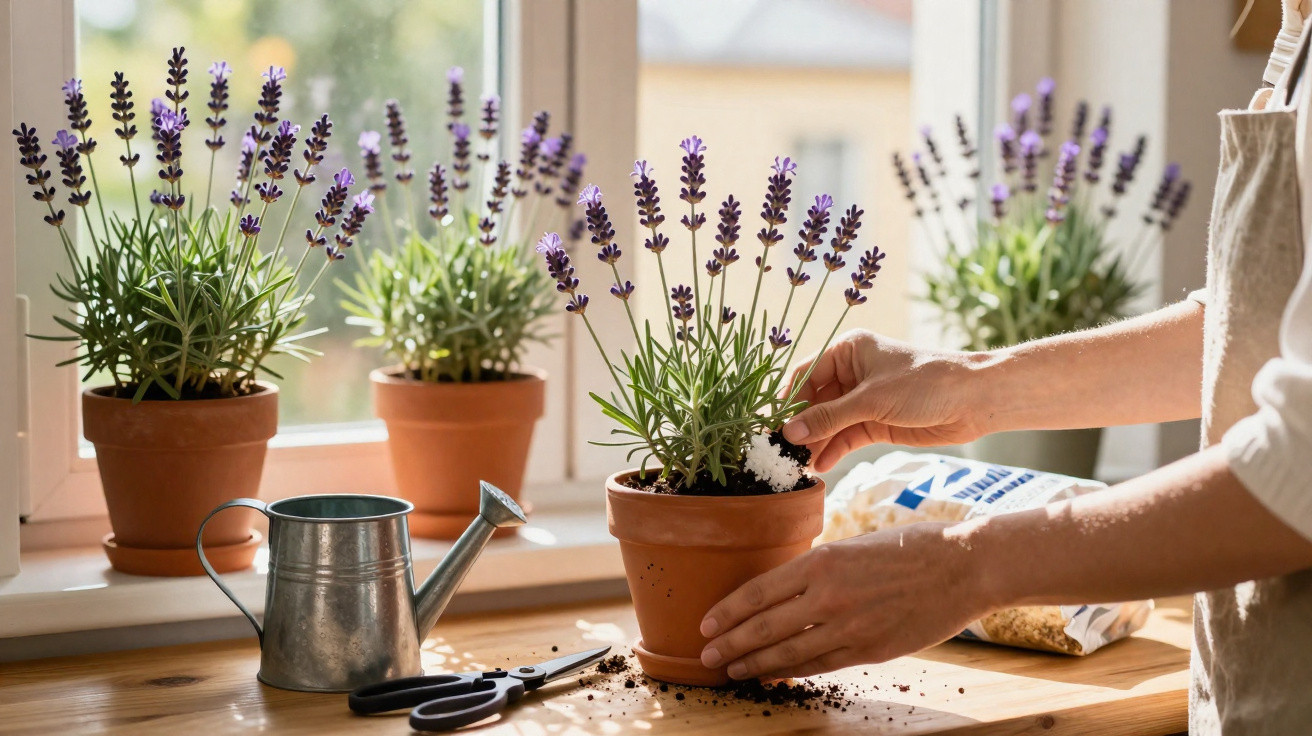 Pessoa a cuidar de plantas de lavanda em vasos de barro numa janela iluminada pelo sol.