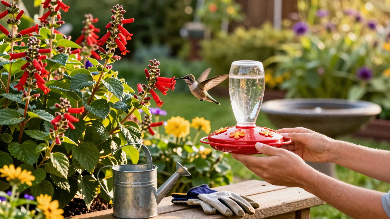 Beija-flor a beber de bebedouro vermelho enquanto um par de mãos o segura num jardim com flores e regador.