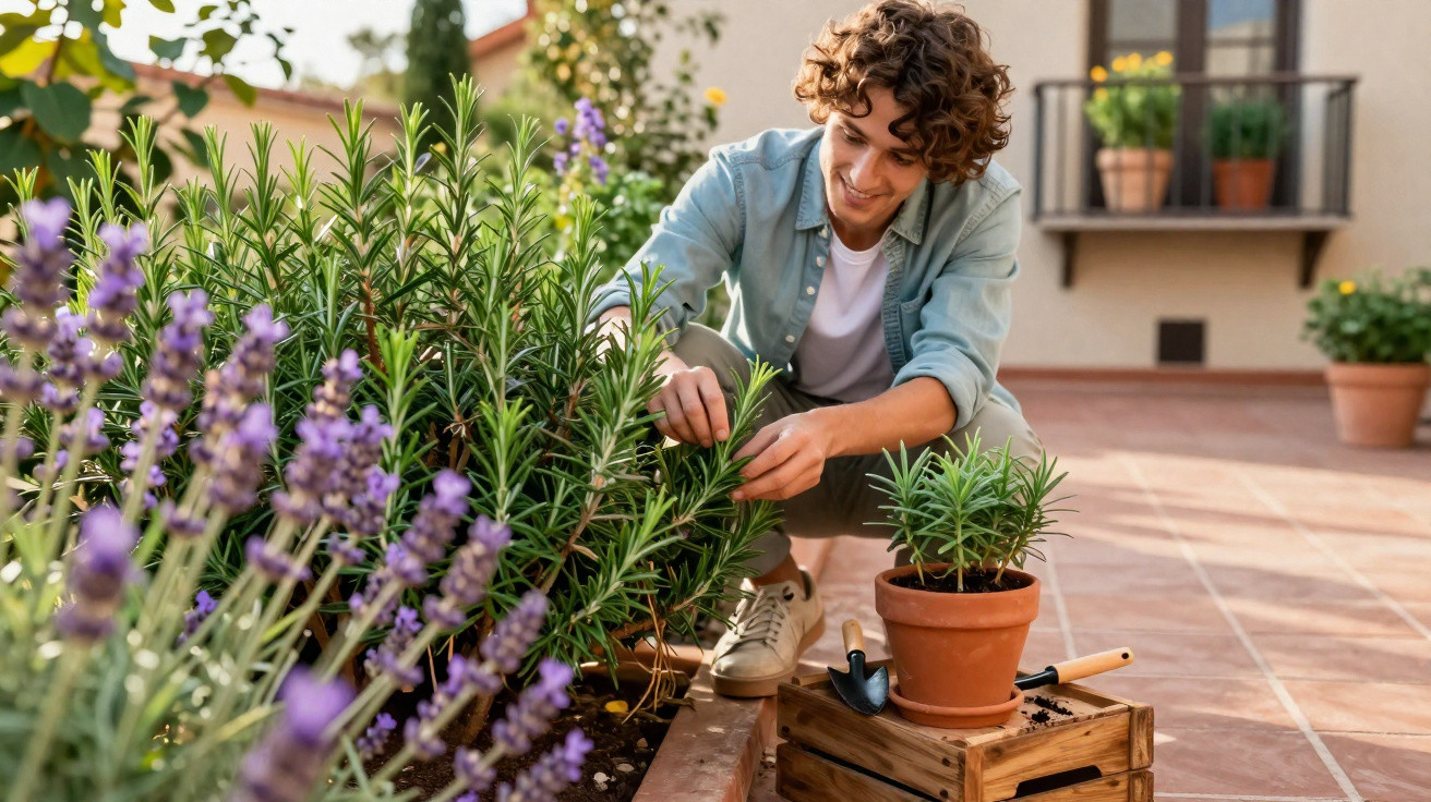 Jovem a cuidar de plantas num jardim com vasos e flores num dia soalheiro.