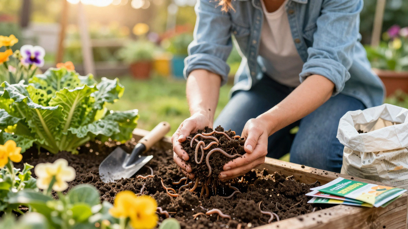 Pessoa a segurar terra com minhocas numa horta urbana rodeada por flores coloridas e sementes.