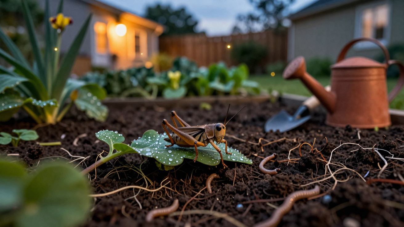 Grilo sobre uma folha com gotas de água num jardim, com regador e enxada ao fundo ao entardecer.