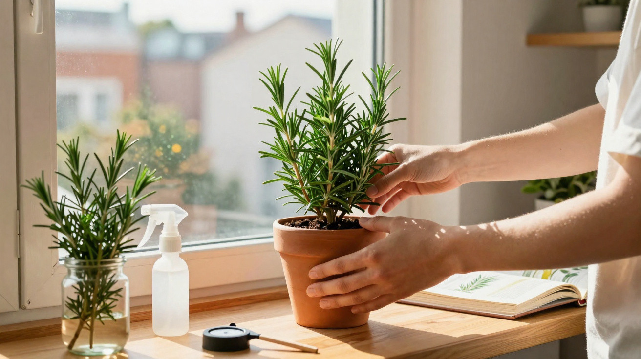 Pessoa a cuidar de planta de alecrim em vaso na janela com luz natural, spray e frasco sobre a mesa de madeira.