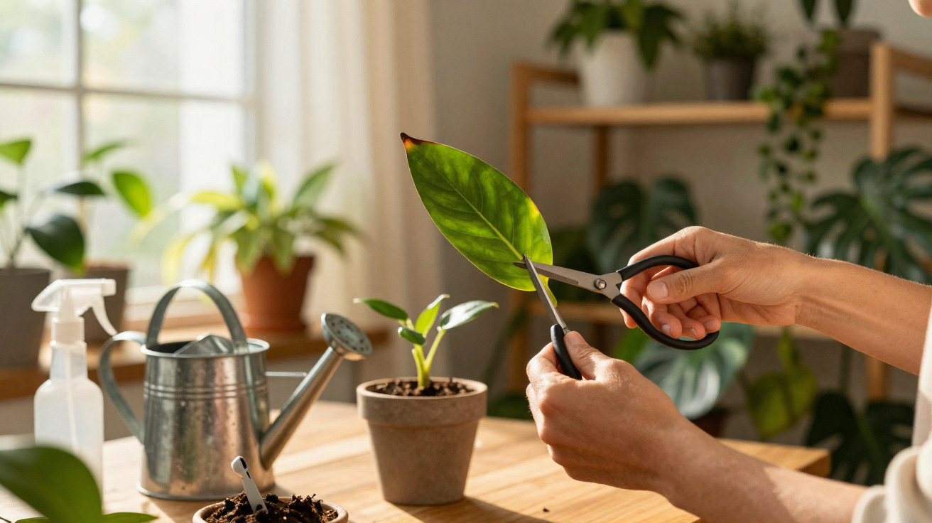 Pessoa a cortar uma folha verde de planta em vaso, com regadora e pulverizador ao lado numa mesa de madeira.