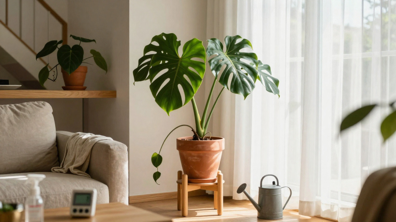 Planta monstera em vaso de barro num suporte de madeira junto a sofá e regador, iluminada por luz natural.