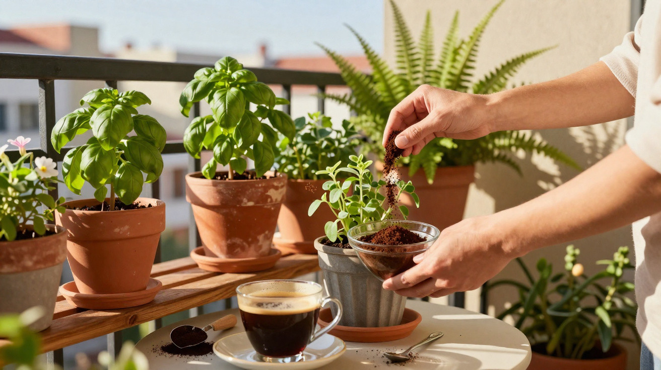 Mãos a adubar planta num vaso com café moído, ao lado de xícara de café e várias plantas em vasos no parapeito.