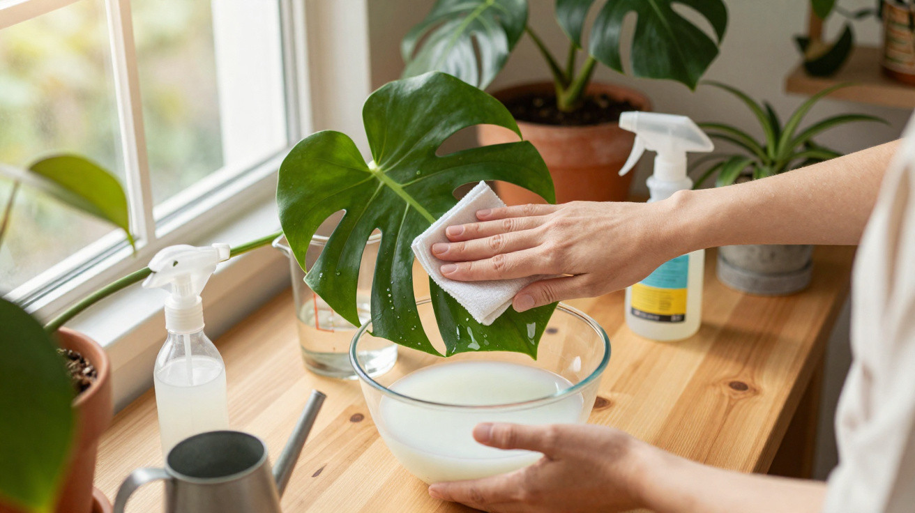 Mãos limpando folha de planta Monstera com pano branco em ambiente doméstico junto a produtos de limpeza.