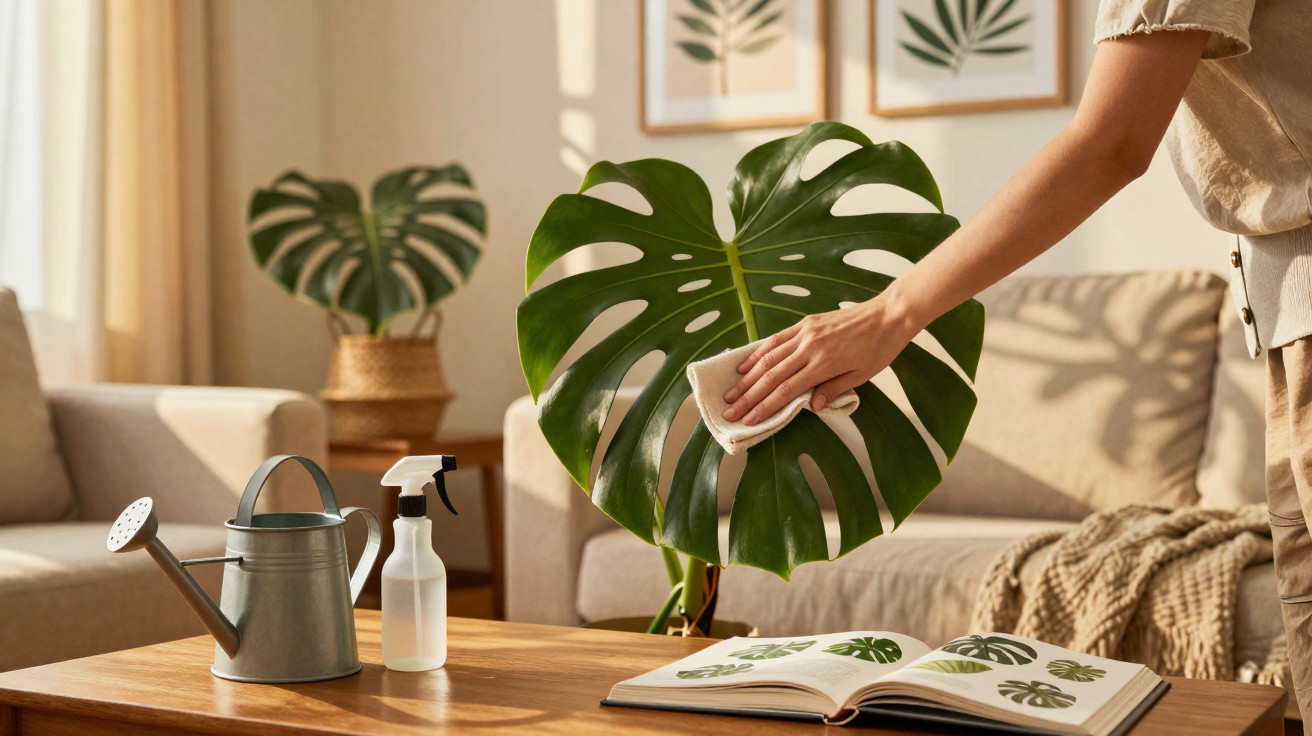 Pessoa a limpar folha de planta Monstera numa sala com regador, pulverizador e livro de plantas numa mesa de madeira.