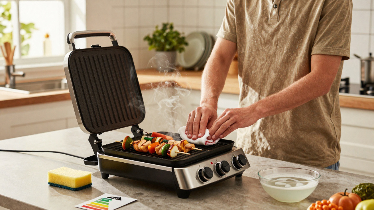 Pessoa a limpar uma chapa elétrica com espetadas de legumes e carne numa cozinha moderna.