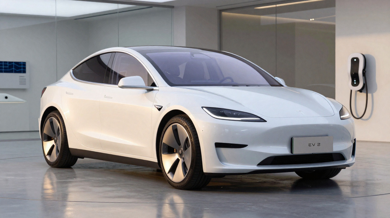 Carro elétrico branco Tesla Model 2 estacionado em garagem moderna com carregador na parede.