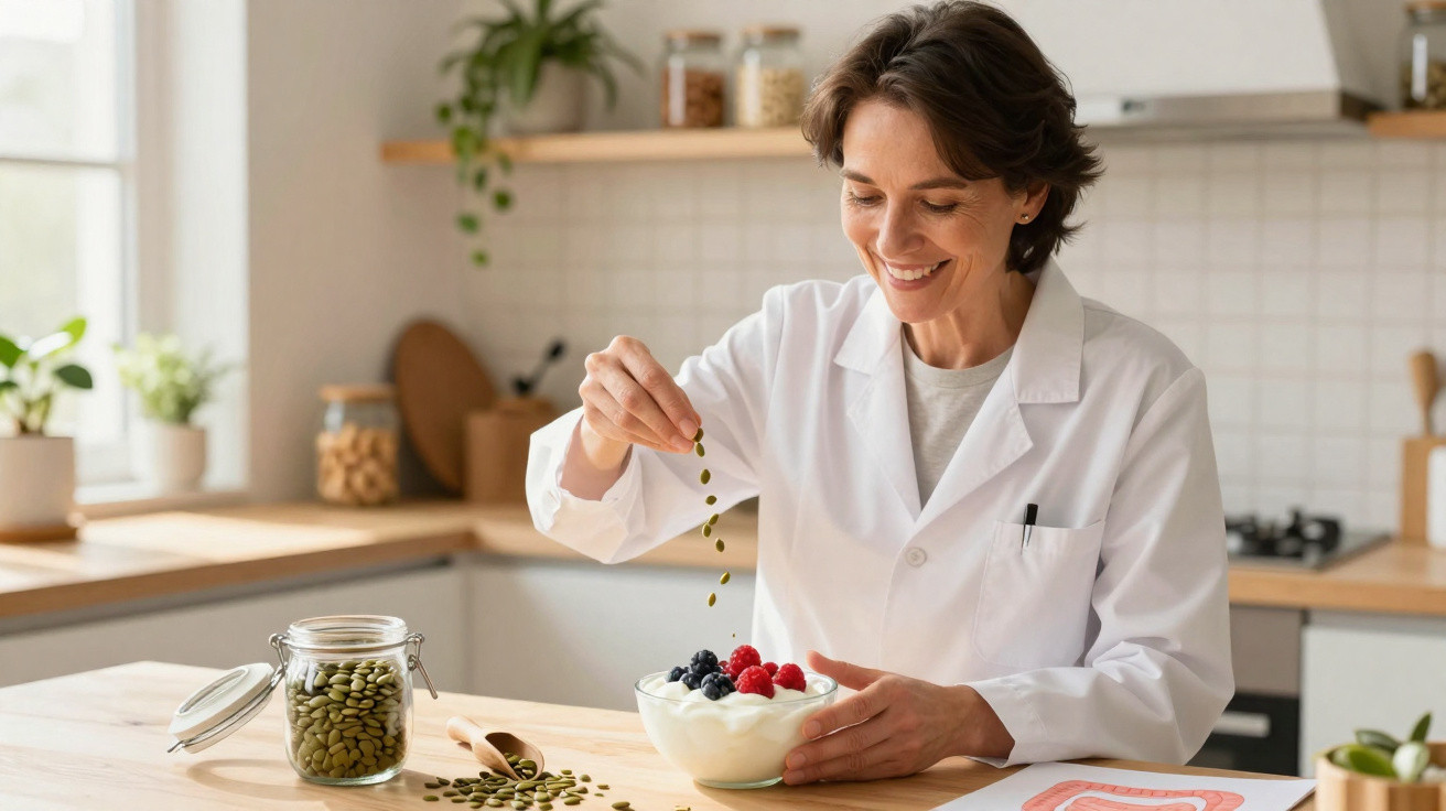 Mulher sorridente a polvilhar sementes sobre iogurte com frutos vermelhos numa cozinha iluminada.