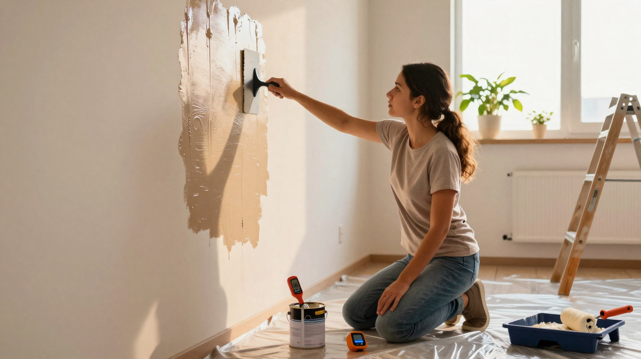 Mulher a aplicar massa para estuque numa parede interior durante renovação de casa.