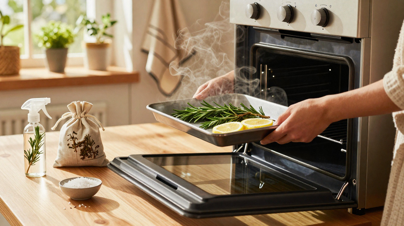 Pessoa a retirar tabuleiro fumegante com limão e alecrim do forno numa cozinha iluminada.