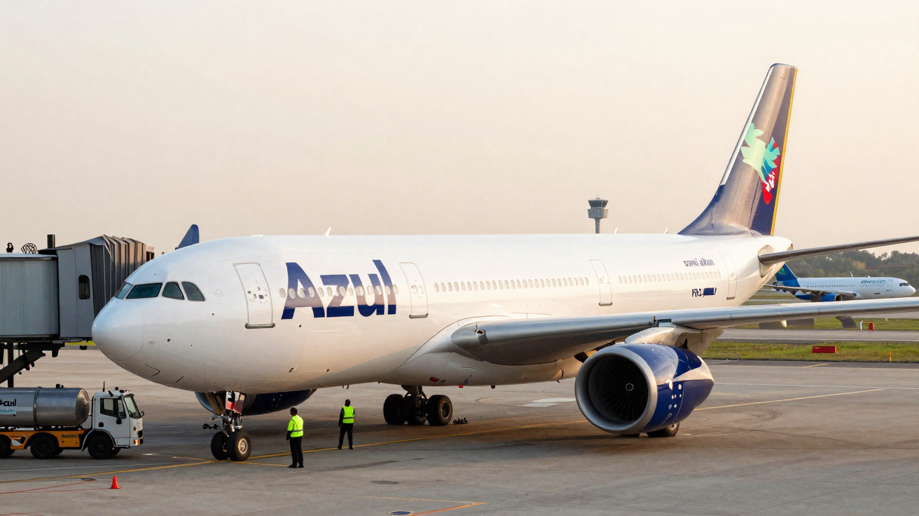 Avião comercial da Azul estacionado no aeroporto durante o pôr do sol, com trabalhadores em volta.