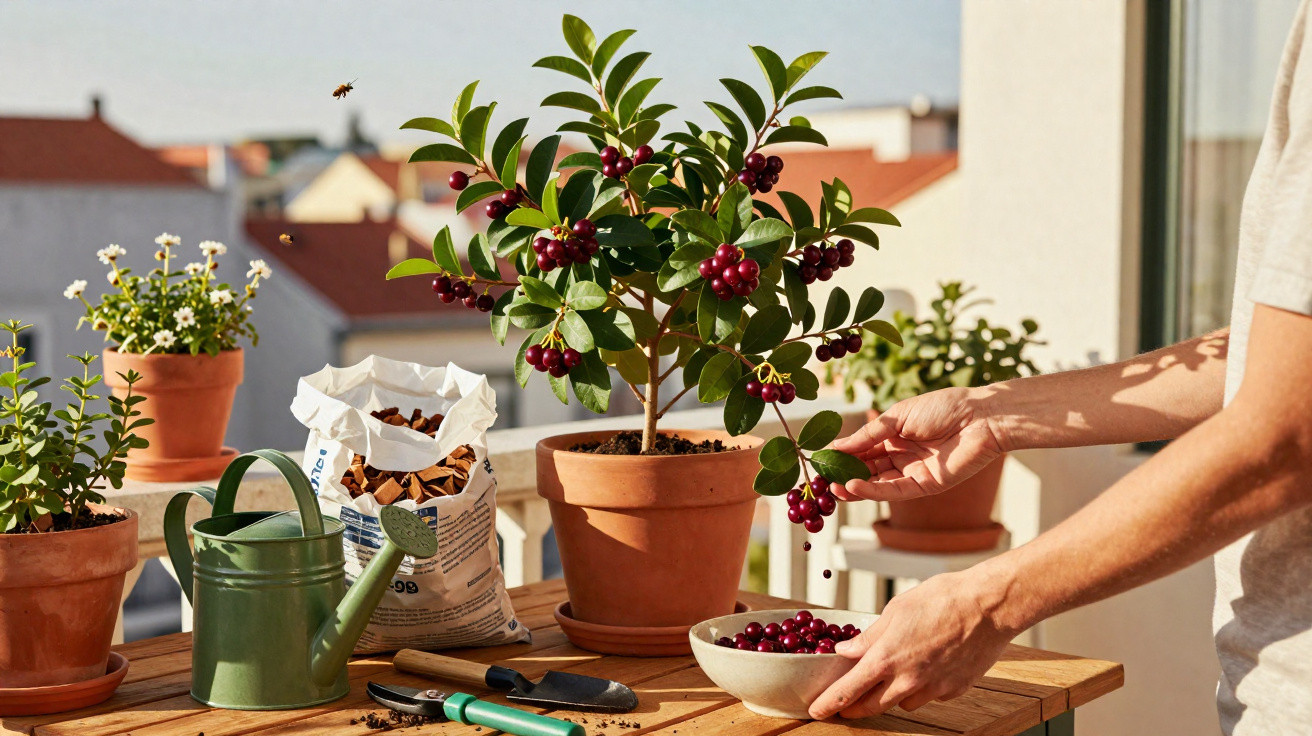 Pessoa colhe frutos vermelhos de planta em vaso numa varanda com ferramentas e regador numa mesa de madeira.
