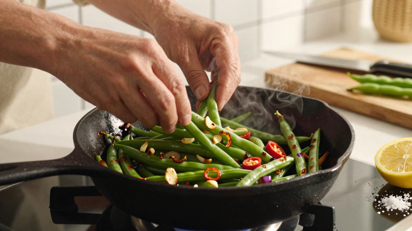 Mãos a cozinhar feijão verde com alho e pimenta vermelha numa frigideira com vapor a sair.