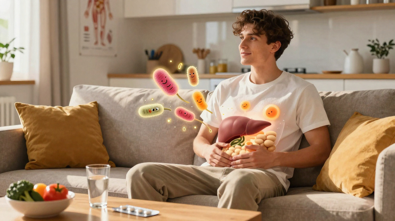 Homem sentado no sofá com ilustração de fígado, intestino e bactérias felizes sobre o abdómen.