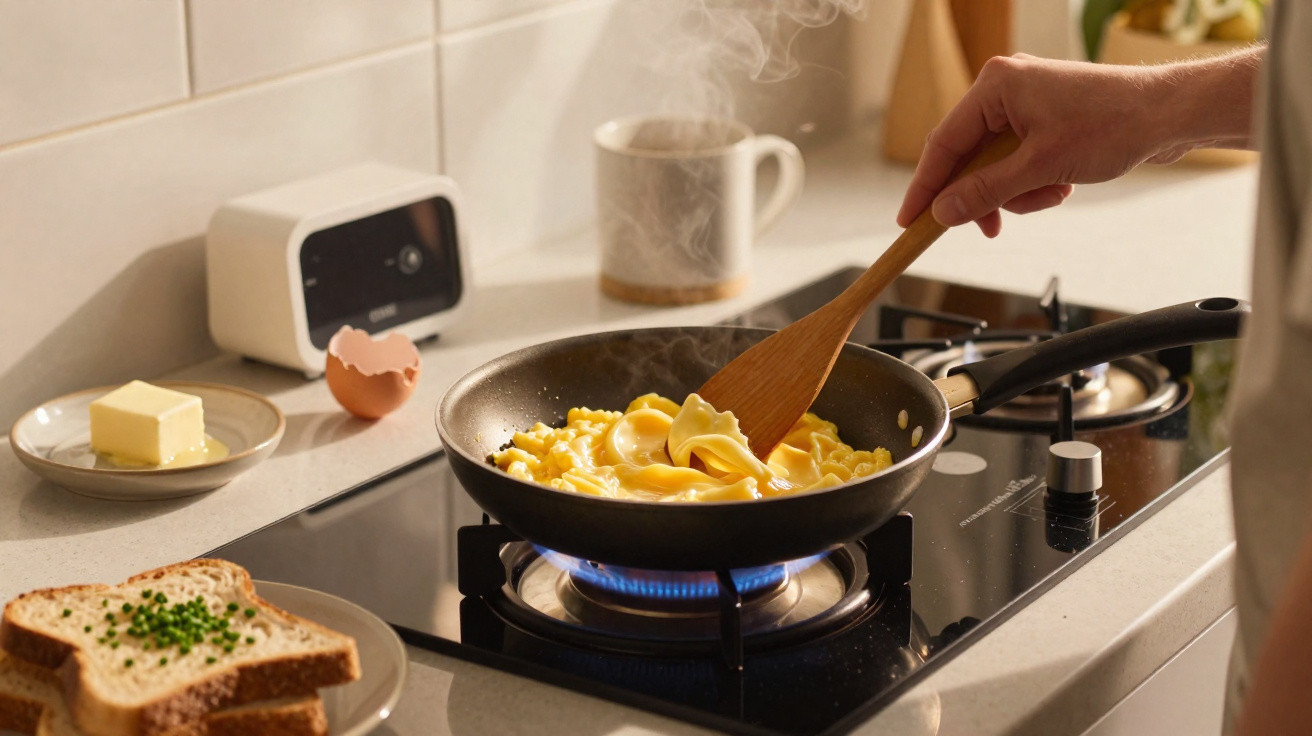 Pessoa mexe ovos mexidos numa frigideira sobre fogão a gás numa cozinha iluminada natural.