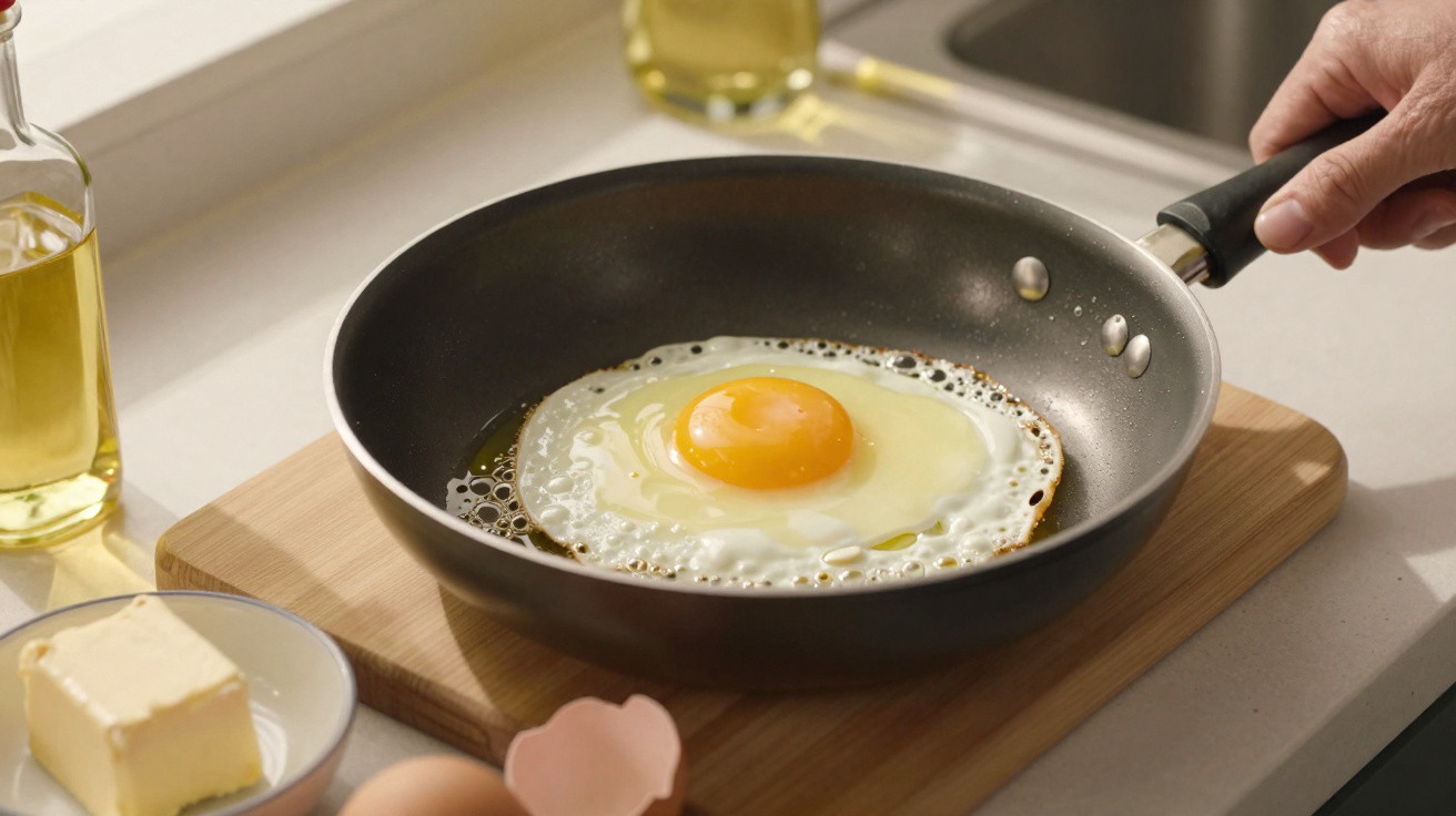 Ovo a fritar numa frigideira preta sobre uma tábua de madeira numa cozinha iluminada.