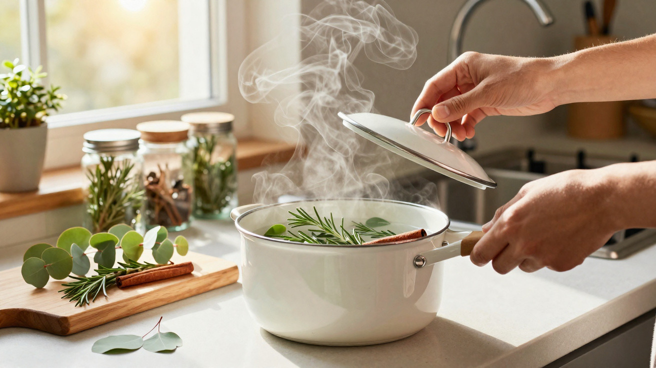 Mãos a levantar tampa de panela branca com vapor e ervas aromáticas numa cozinha luminosa.