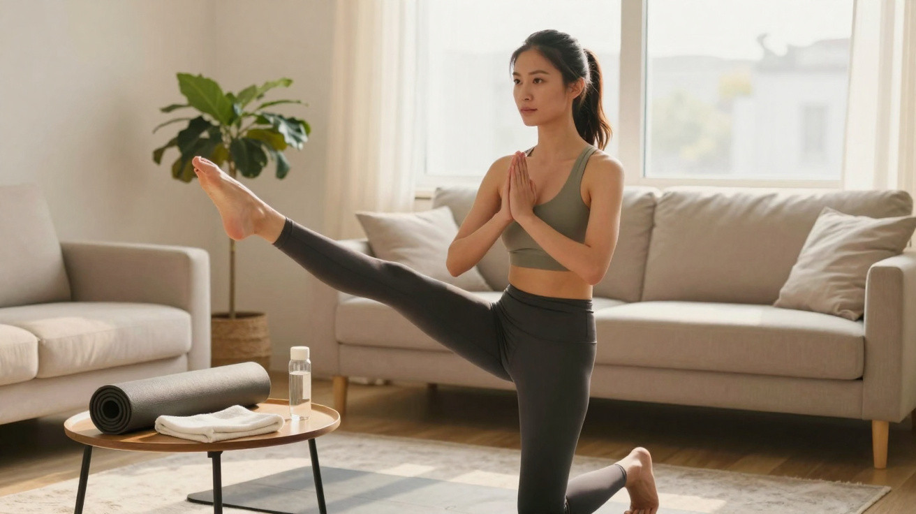 Mulher a praticar yoga em casa, num tapete, com uma perna esticada e mãos em posição de oração.