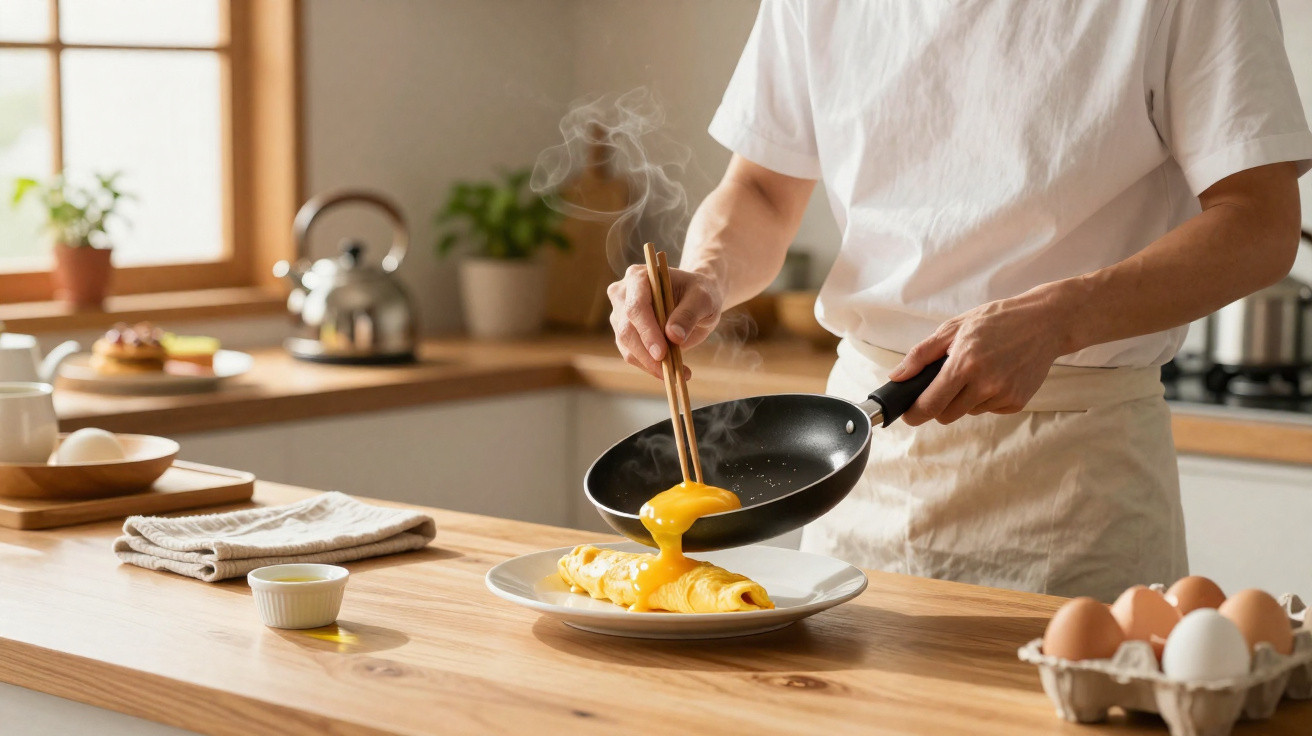 Pessoa a preparar omelete numa cozinha com ovos e utensílios em madeira.
