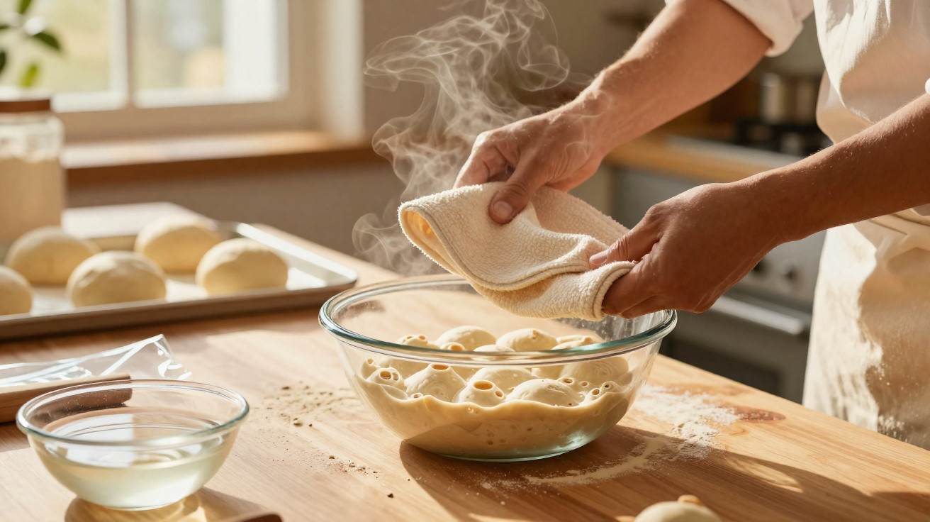 Pessoa em cozinha a preparar massa de pão numa tigela de vidro, com vapor e bolas de massa ao fundo.