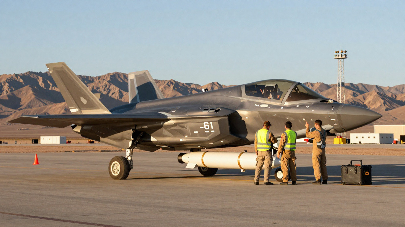Avião militar estacionado com três trabalhadores em coletes refletivos em pista deserta junto a montanhas.