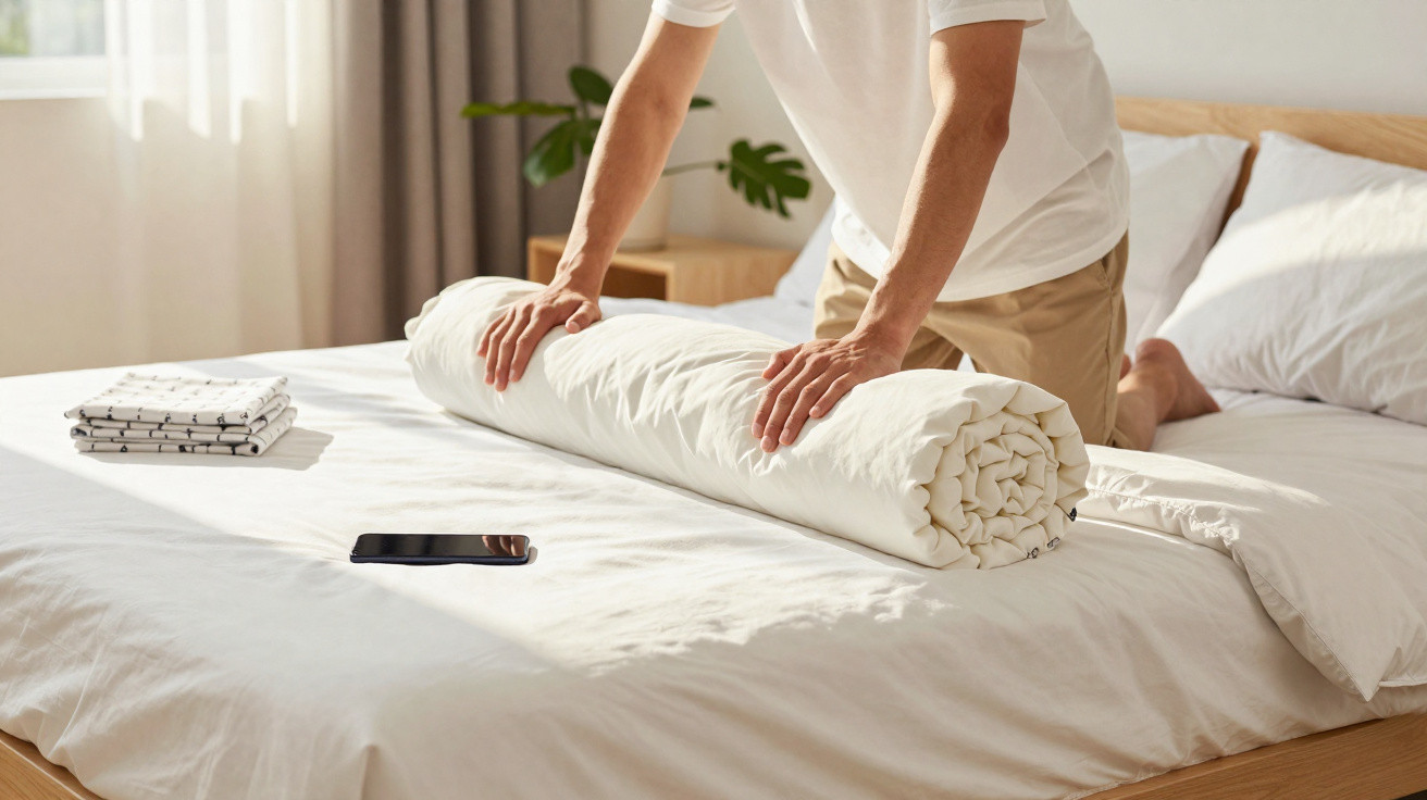 Pessoa a enrolar um edredão branco numa cama com roupa de cama branca e telefone móvel em cima.