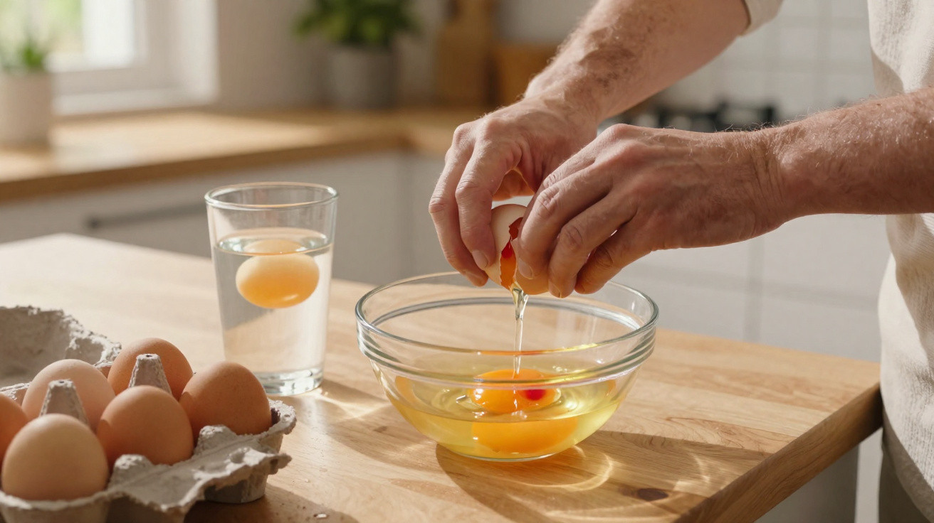 Mãos a partir um ovo para dentro de uma taça de vidro numa cozinha com ovos e um copo com água na mesa.