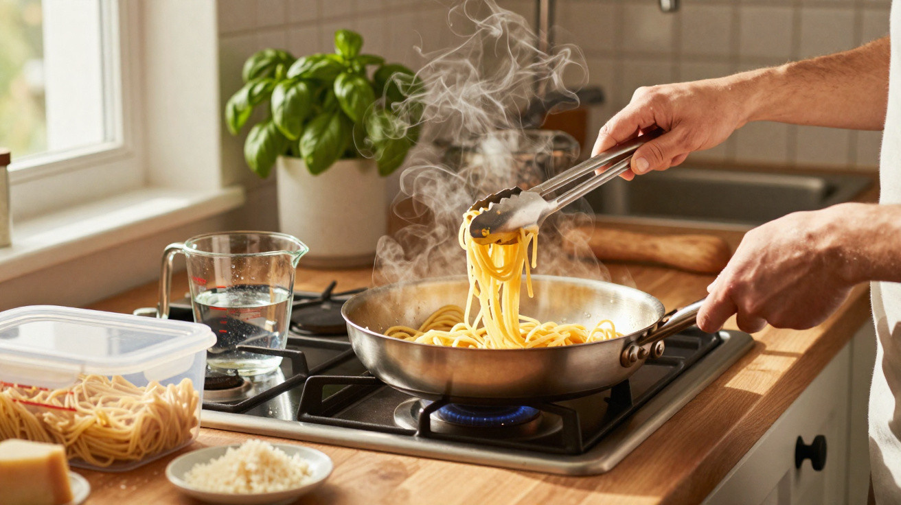 Pessoa a cozinhar esparguete numa frigideira com vapor, numa cozinha luminosa e decorada com planta.