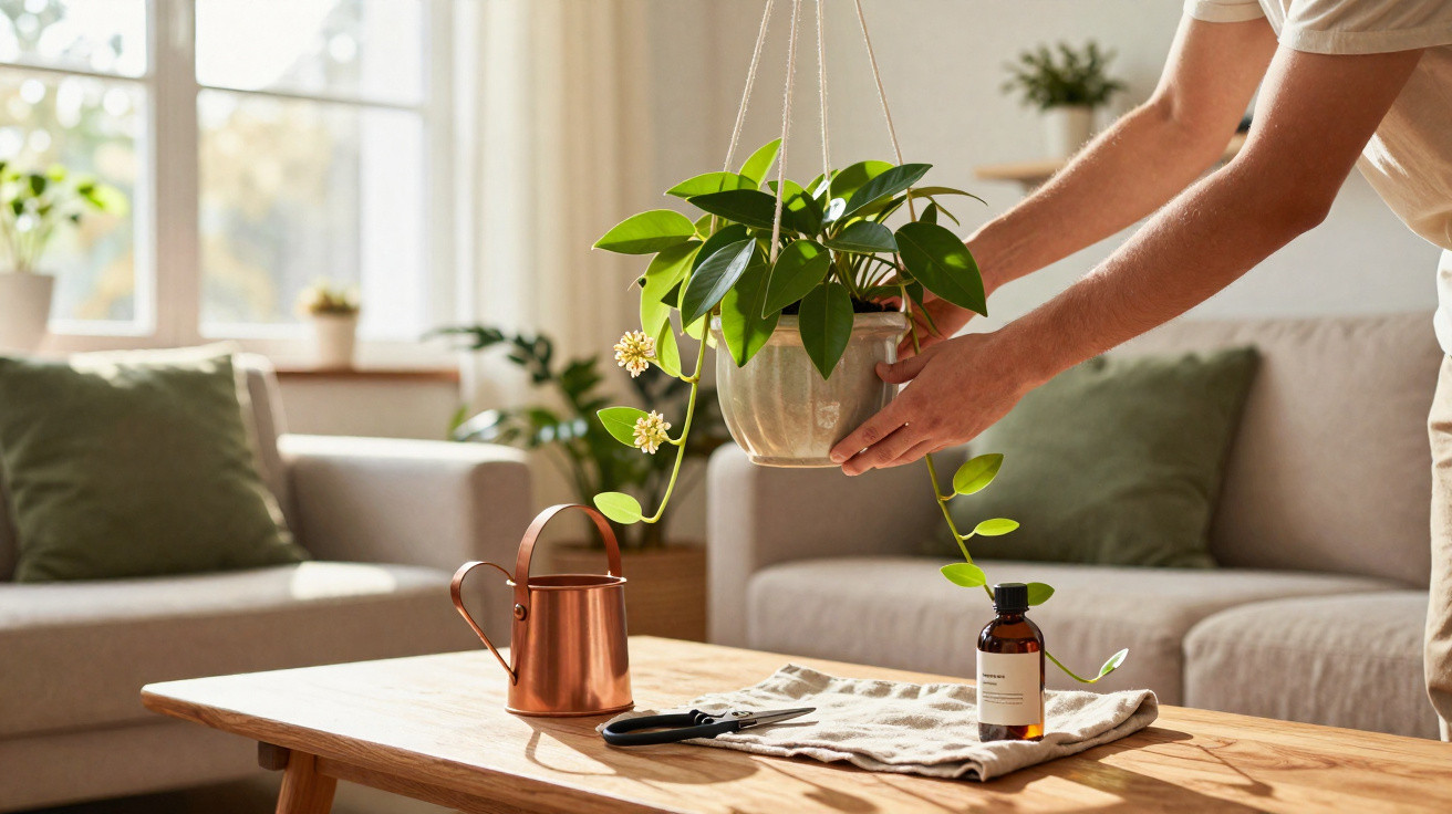 Pessoa a colocar planta pendente numa sala com sofá e mesa de madeira iluminada pela luz natural.