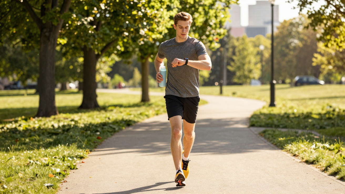 Homem a correr num parque durante o dia, olhando para o relógio no pulso e a segurando uma garrafa de água.
