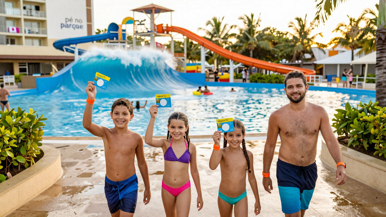 Quatro pessoas com fato de banho seguram bilhetes junto a piscina com ondas artificiais e escorregas.