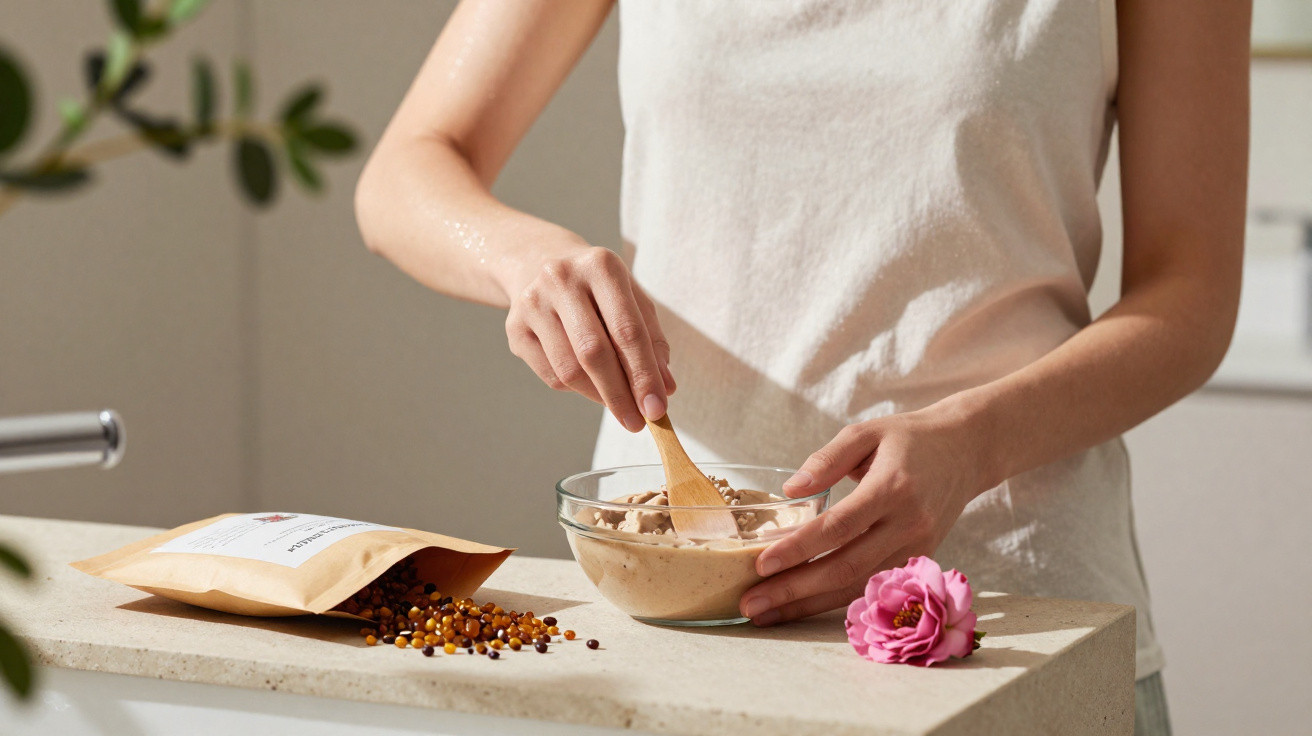Pessoa a mexer uma pasta cremosa dentro de uma taça de vidro numa bancada clara com flor rosa e sementes.