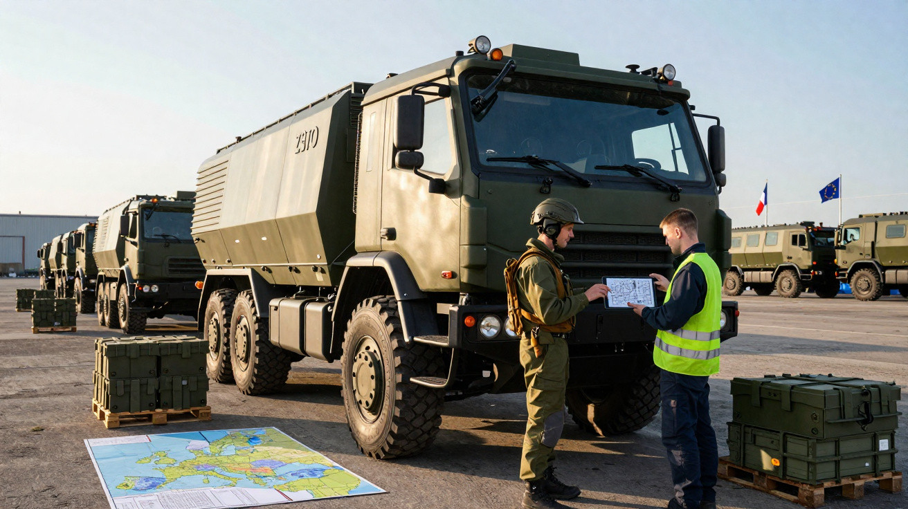 Soldado e técnico com colete refletor perante camião militar verde e mapas no chão numa base ao ar livre.