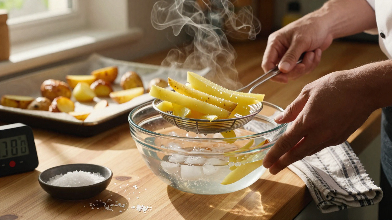 Mãos a mergulhar batatas quentes em água com gelo para parar a cozedura numa cozinha iluminada.