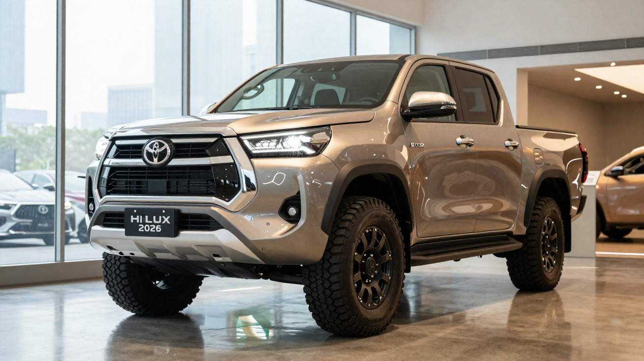 Pick-up Toyota Hilux 2026 cinzenta exibida em showroom moderno com grande janela de vidro.