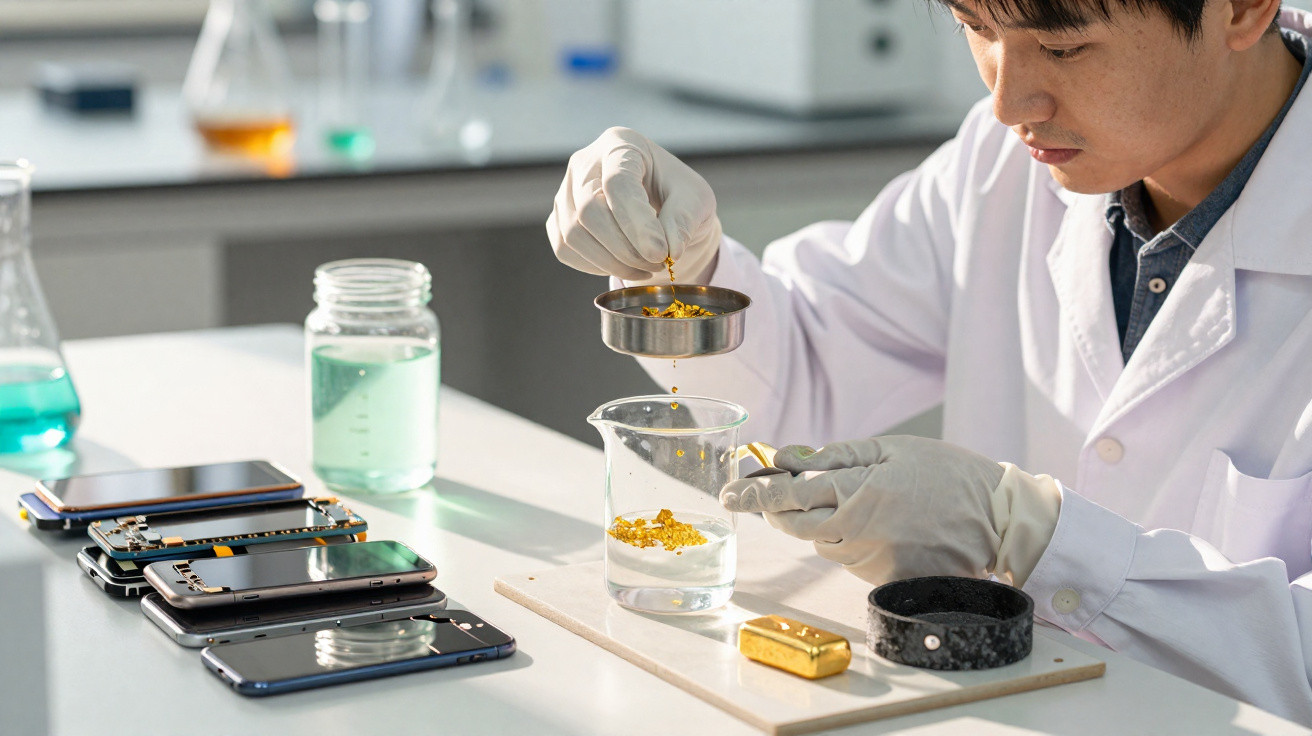 Cientista a manusear pequenas pepitas douradas em laboratório, com smartphones sobre a mesa próxima.